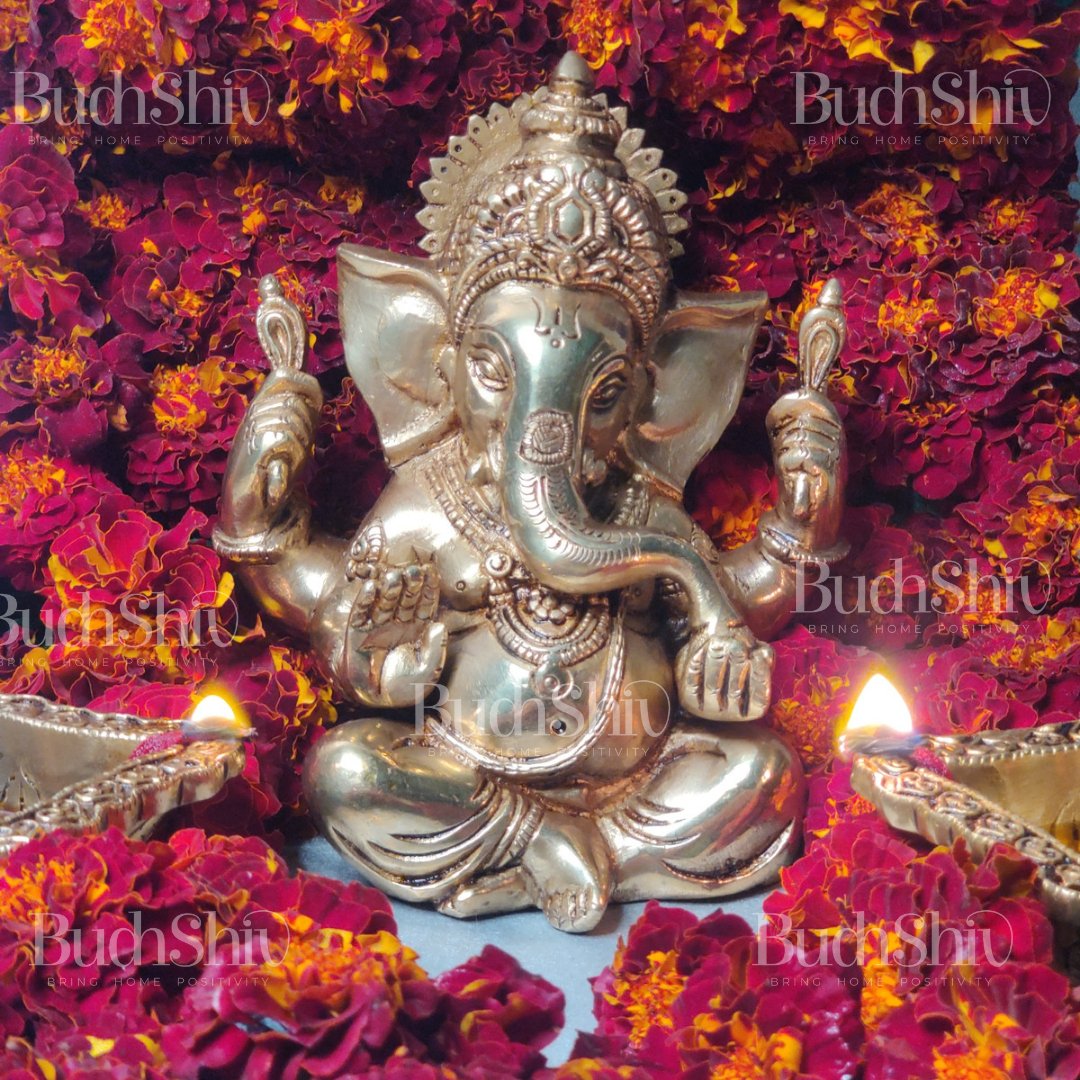 Taj Ganesha brass idol with meenakari stonework | suitable for office desk/study table/ temple - Budhshiv.com