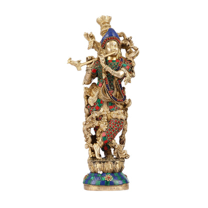 The Brass Krishna Statue - Divine Handcrafted Masterpiece | 14 inch - Budhshiv.com