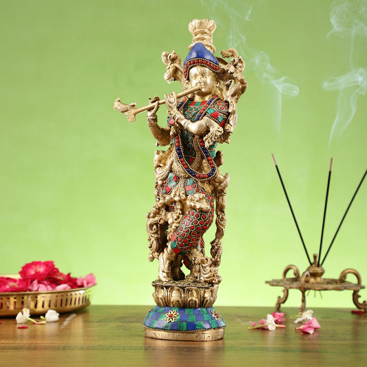 The Brass Krishna Statue - Divine Handcrafted Masterpiece | 14 inch - Budhshiv.com