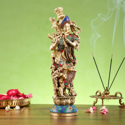 The Brass Krishna Statue - Divine Handcrafted Masterpiece | 14 inch - Budhshiv.com