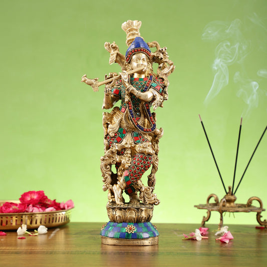 The Brass Krishna Statue - Divine Handcrafted Masterpiece | 14 inch - Budhshiv.com