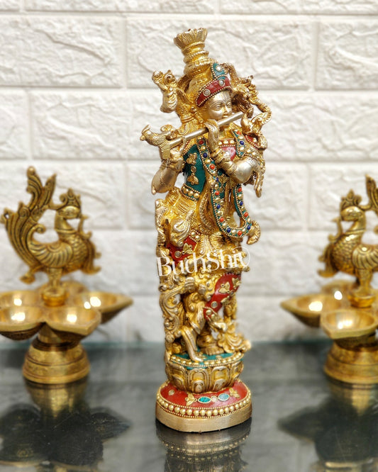 The Brass Krishna Statue - Divine Handcrafted Masterpiece | 14 inches with stonework - Budhshiv.com