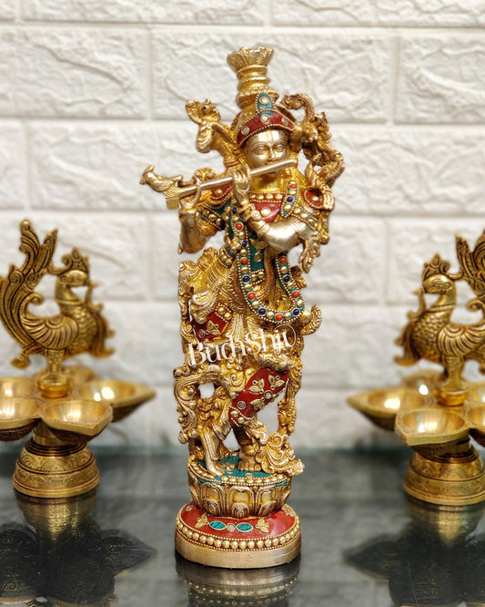 The Brass Krishna Statue - Divine Handcrafted Masterpiece | 14 inches with stonework - Budhshiv.com