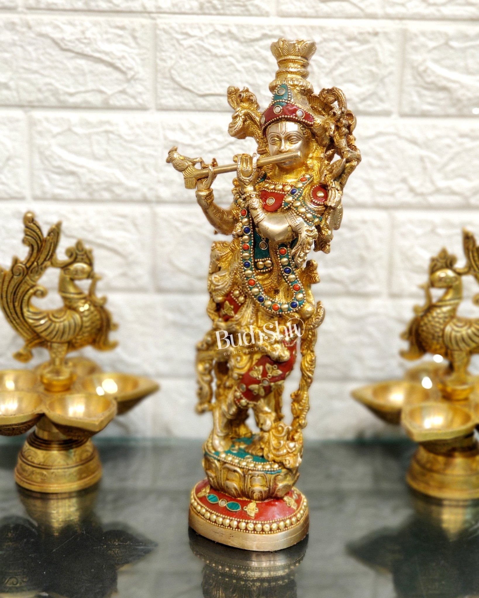 The Brass Krishna Statue - Divine Handcrafted Masterpiece | 14 inches with stonework - Budhshiv.com