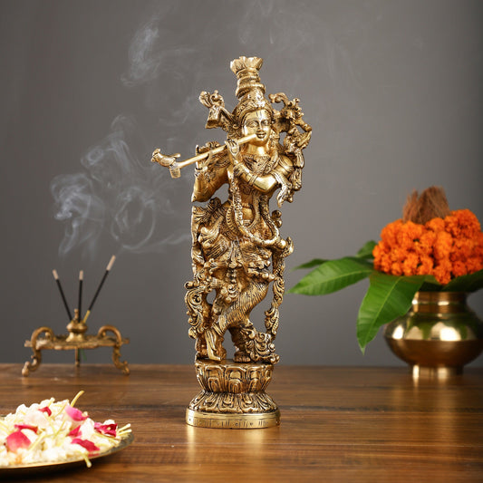 The Brass Krishna Statue - Divine Masterpiece of Lord Krishna | 14 inches - Budhshiv.com