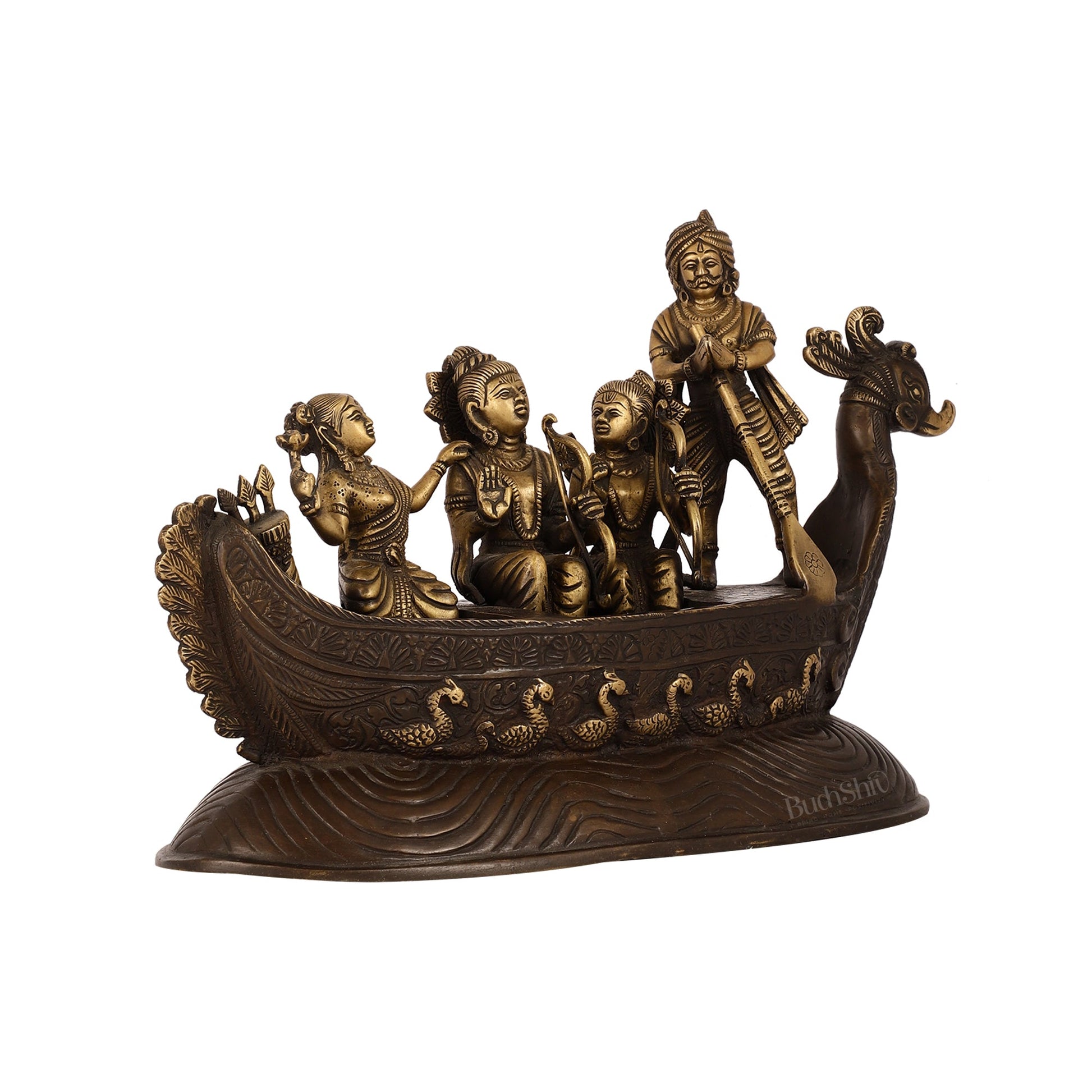 The Divine Journey - Handcrafted Superfine Lord Rama, Sita, and Lakshmana Statue with Kevat Antique - Budhshiv.com