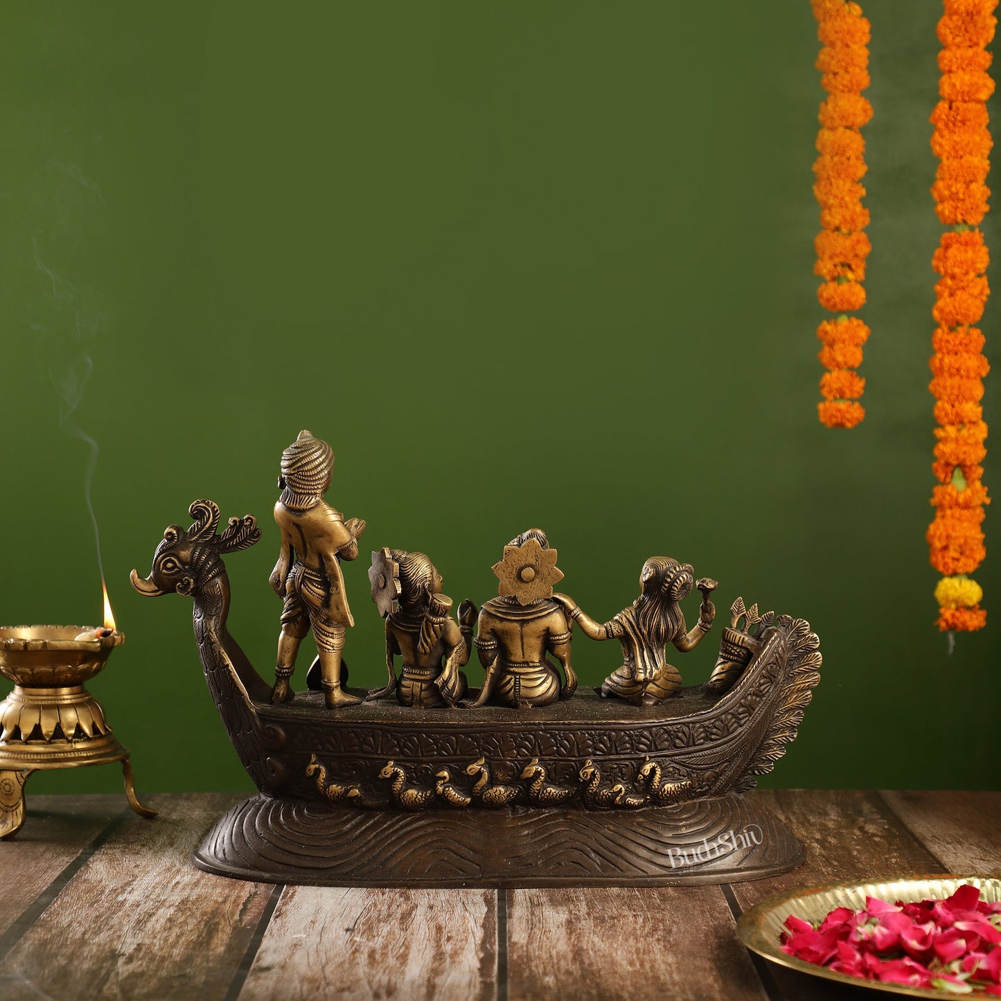 The Divine Journey - Handcrafted Superfine Lord Rama, Sita, and Lakshmana Statue with Kevat Antique - Budhshiv.com