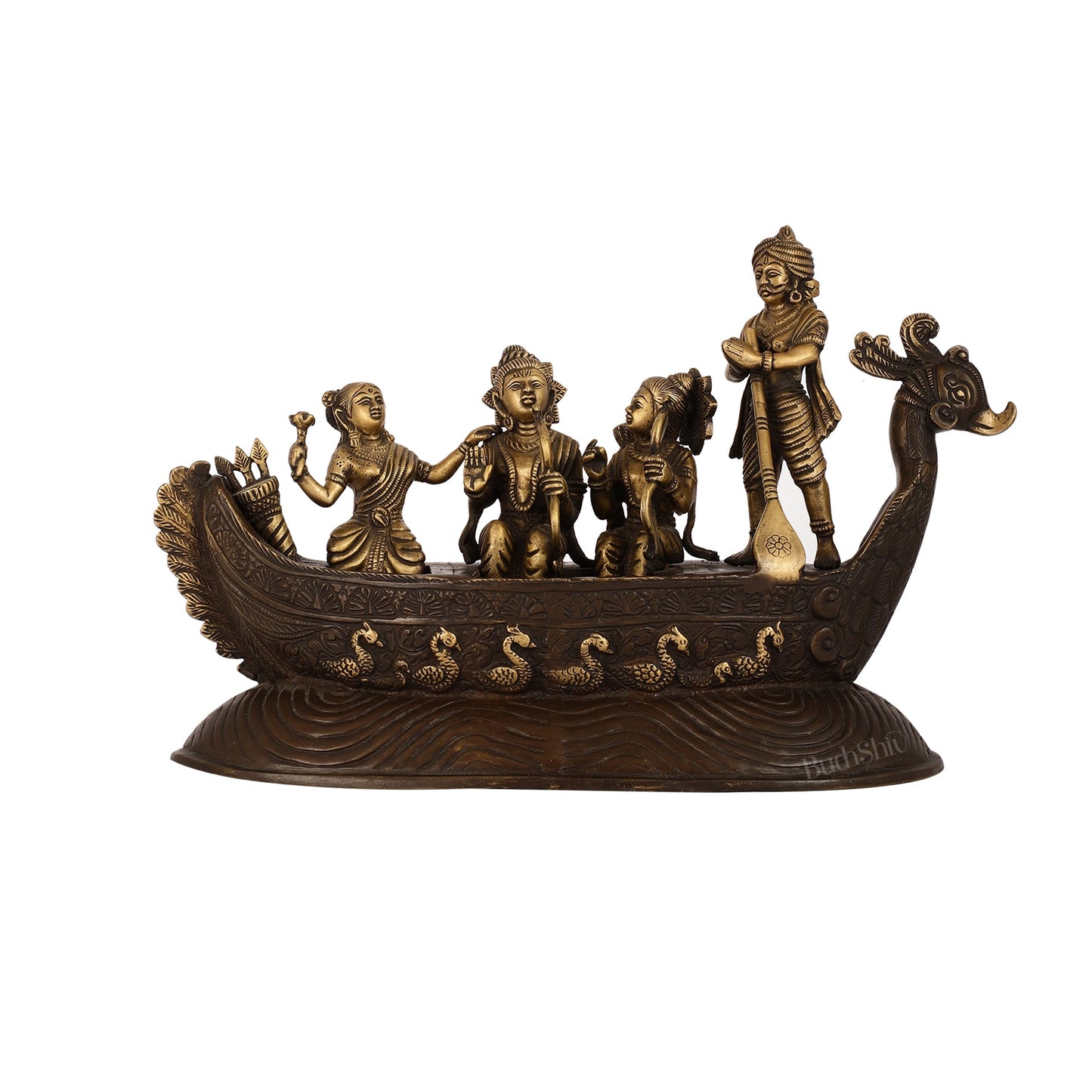 The Divine Journey - Handcrafted Superfine Lord Rama, Sita, and Lakshmana Statue with Kevat Antique - Budhshiv.com