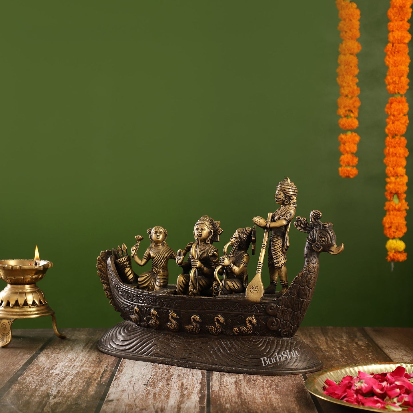 The Divine Journey - Handcrafted Superfine Lord Rama, Sita, and Lakshmana Statue with Kevat Antique - Budhshiv.com