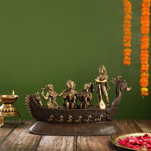 The Divine Journey - Handcrafted Superfine Lord Rama, Sita, and Lakshmana Statue with Kevat Antique - Budhshiv.com