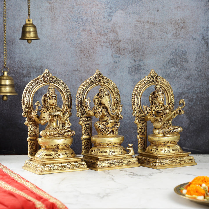 The Holy Trinity - Ganesha, Lakshmi, Saraswati - Brass Idols 10" - Budhshiv.com
