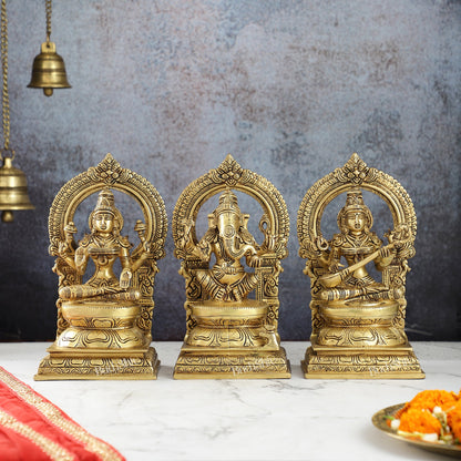 The Holy Trinity - Ganesha, Lakshmi, Saraswati - Brass Idols 10" - Budhshiv.com