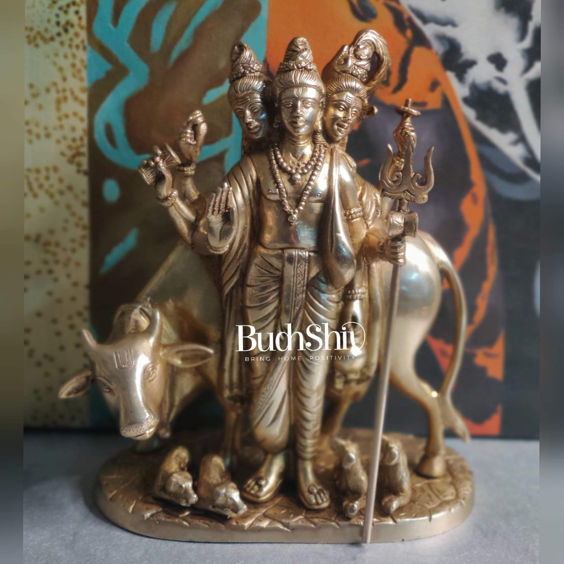 Three faced Dattatreya guru with a cow and four dogs large sized 11 inches - Budhshiv.com