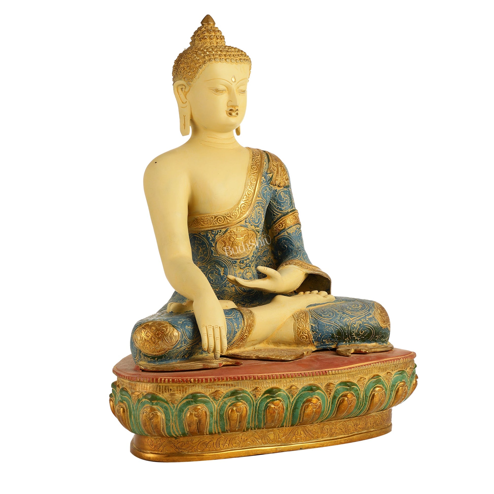 Tibetan Hand-painted Superfine Brass Buddha Statue | Bhoomisparsha Nirvana | 22" - Budhshiv.com