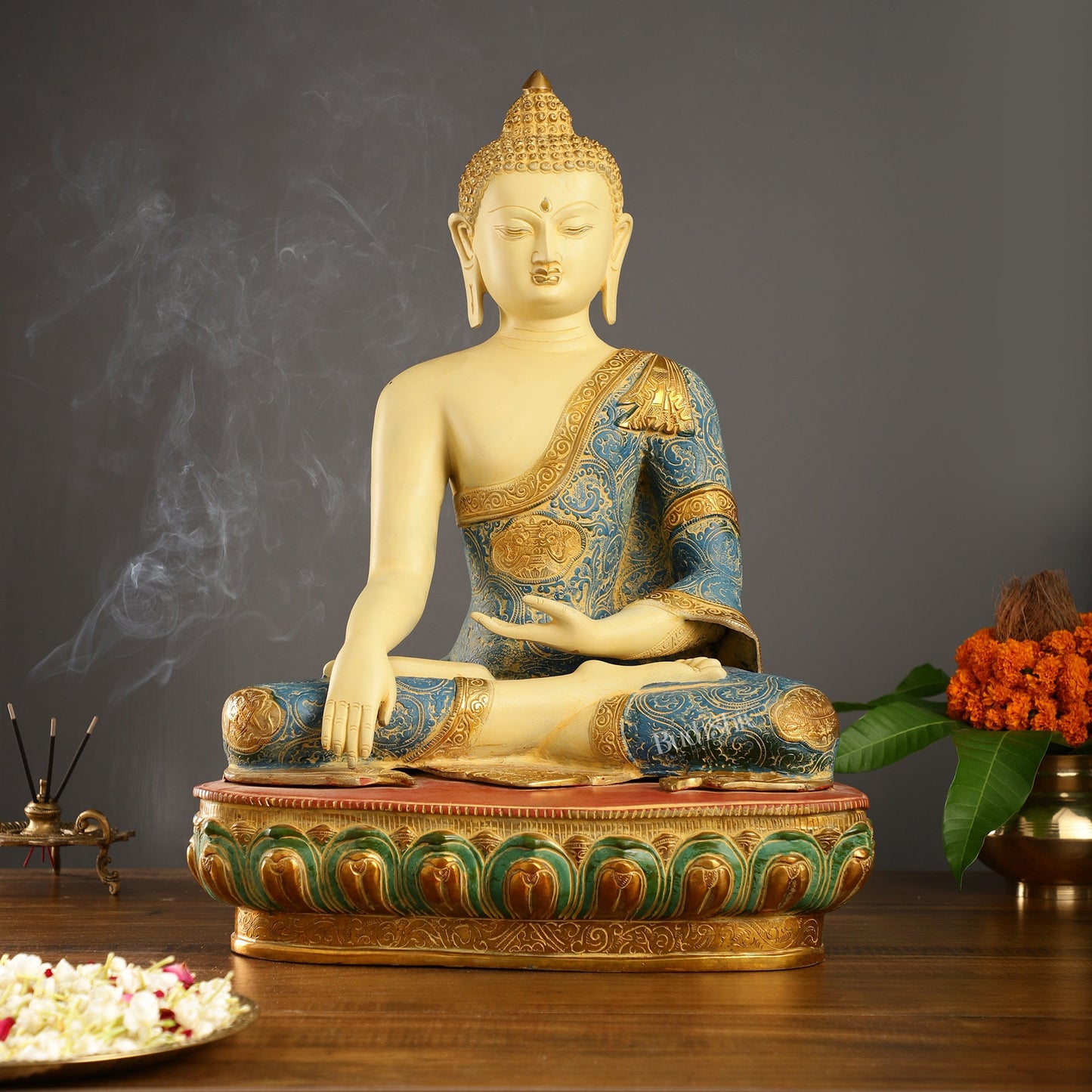 Tibetan Hand-painted Superfine Brass Buddha Statue | Bhoomisparsha Nirvana | 22" - Budhshiv.com