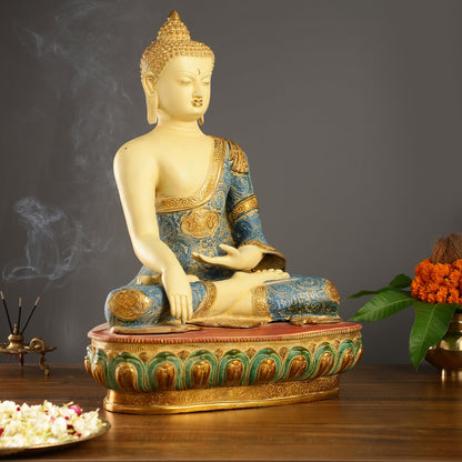 Tibetan Hand-painted Superfine Brass Buddha Statue | Bhoomisparsha Nirvana | 22" - Budhshiv.com