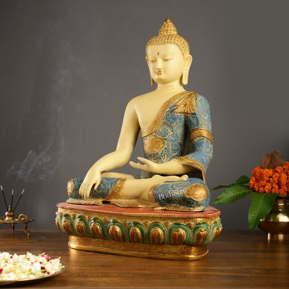 Tibetan Hand-painted Superfine Brass Buddha Statue | Bhoomisparsha Nirvana | 22" - Budhshiv.com