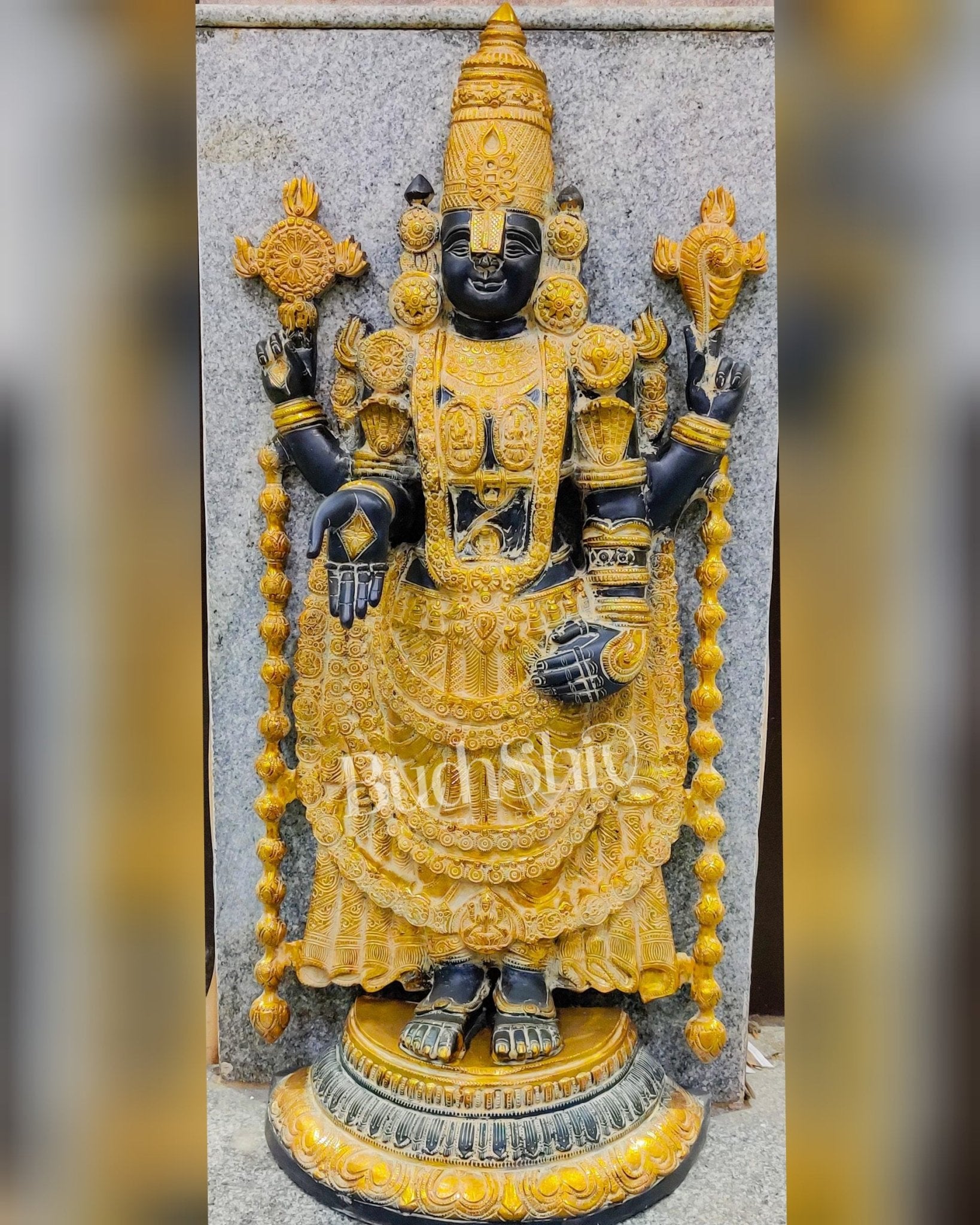 Tirupati Balaji Venkateshwar Brass Statue/Idol 40 inches Black Stone and Turmeric Yellow finish - Budhshiv.com