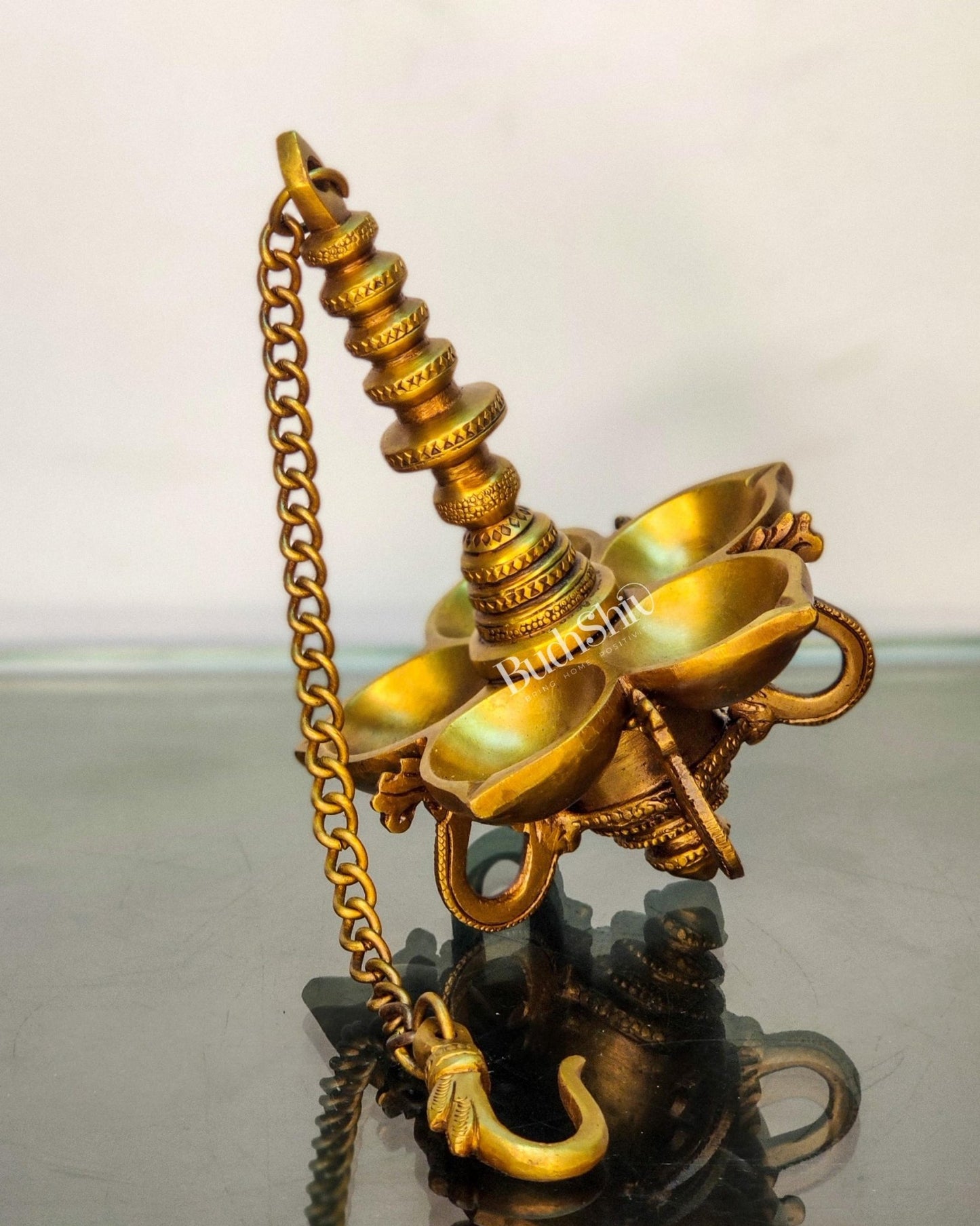 Traditional Hanging Brass Panchdeep Lamp - 17.5" Height - Budhshiv.com