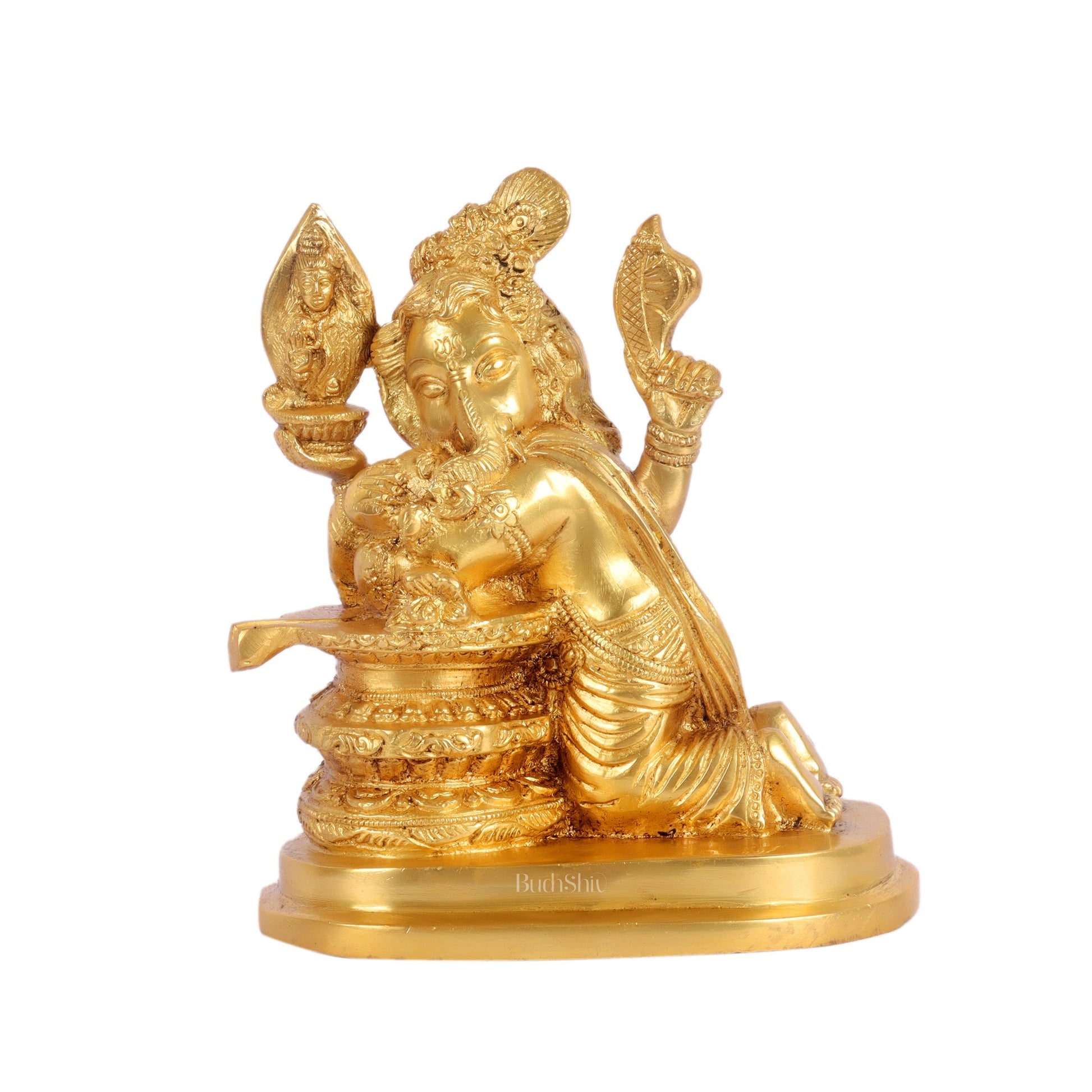 Unique Brass Ganapati Statue - Ganesha Hugging Shiva Lingam - 6.5 inches - Budhshiv.com