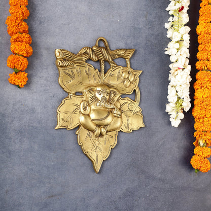 Unique Brass Lord Ganesha Wall Hanging on Leaf - 10.5 x 7 inch - Budhshiv.com