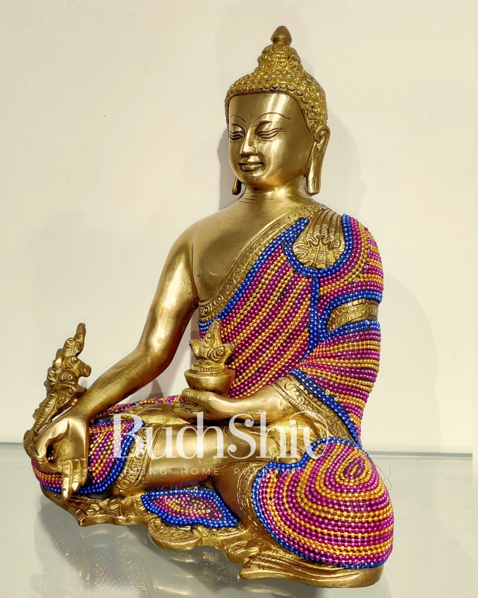 Unique Chain Beadwork: Buddha Statue in Fine Brass 10" - Budhshiv.com
