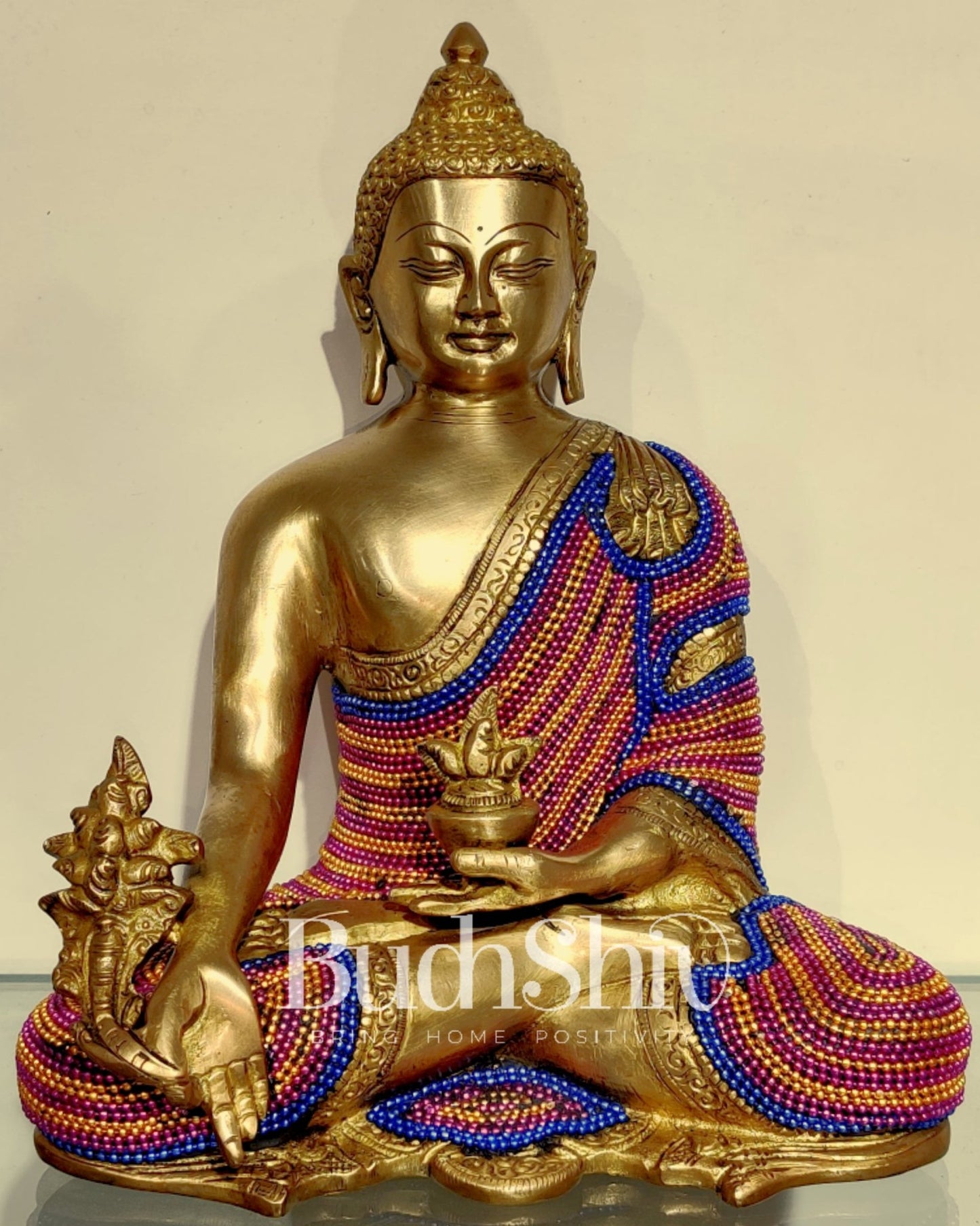 Unique Chain Beadwork: Buddha Statue in Fine Brass 10" - Budhshiv.com