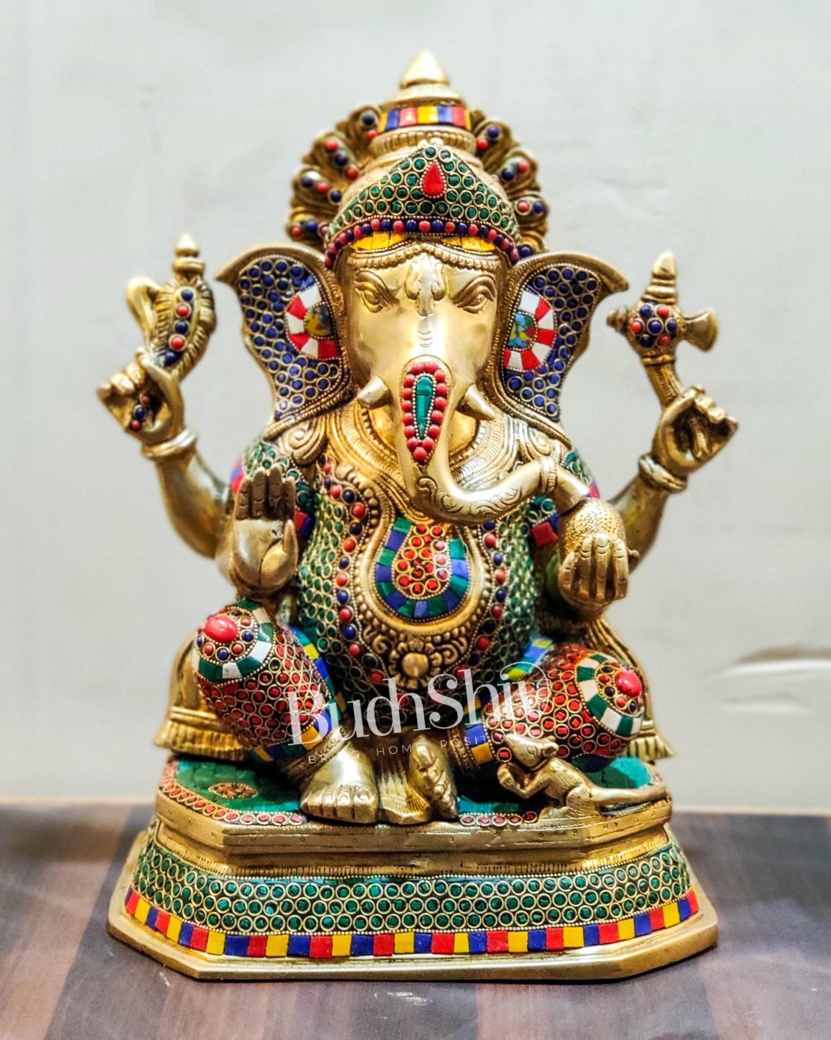 Unique Handcrafted Ganesha Statue with Sharp Features and Trishul Tilak 14" - Budhshiv.com