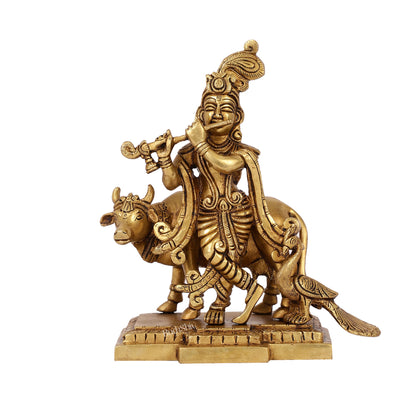 Unique Krishna Playing Flute with Cow and Peacock | Superfine Brass | 8" Height - Budhshiv.com