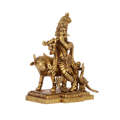 Unique Krishna Playing Flute with Cow and Peacock | Superfine Brass | 8" Height - Budhshiv.com