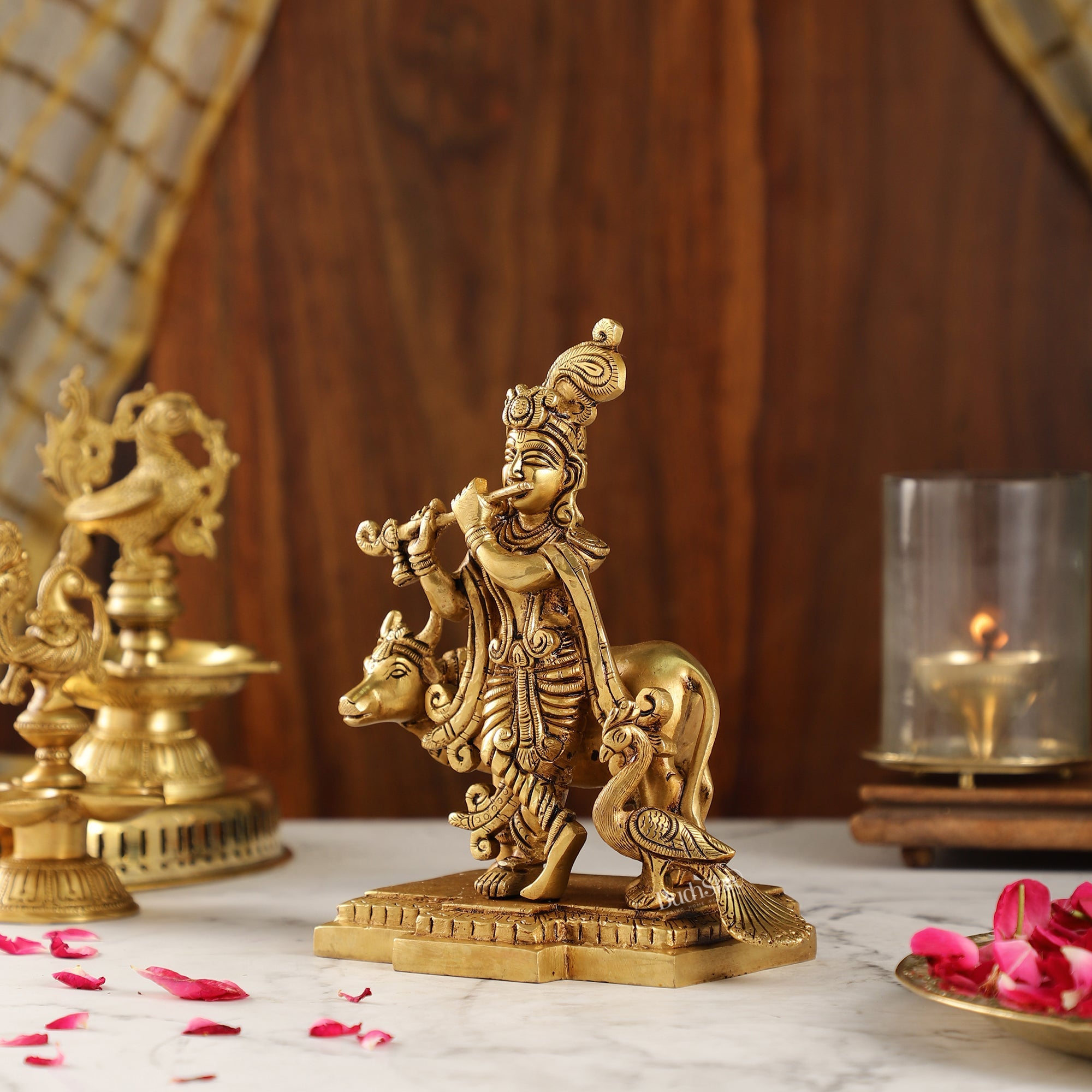 Buy Krishna Playing Flute With Cow And Peacock | Superfine Brass | 8 ...