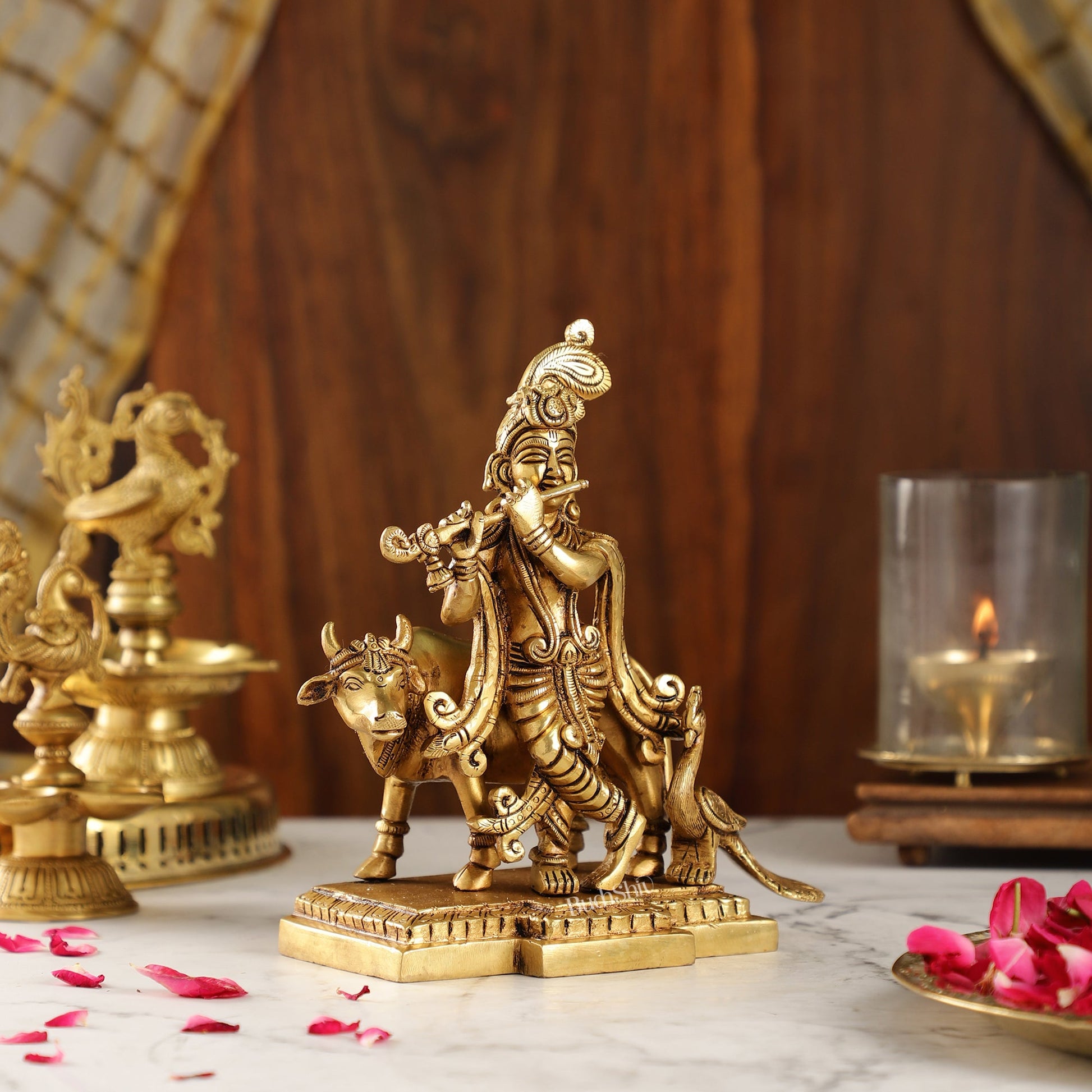 Unique Krishna Playing Flute with Cow and Peacock | Superfine Brass | 8" Height - Budhshiv.com