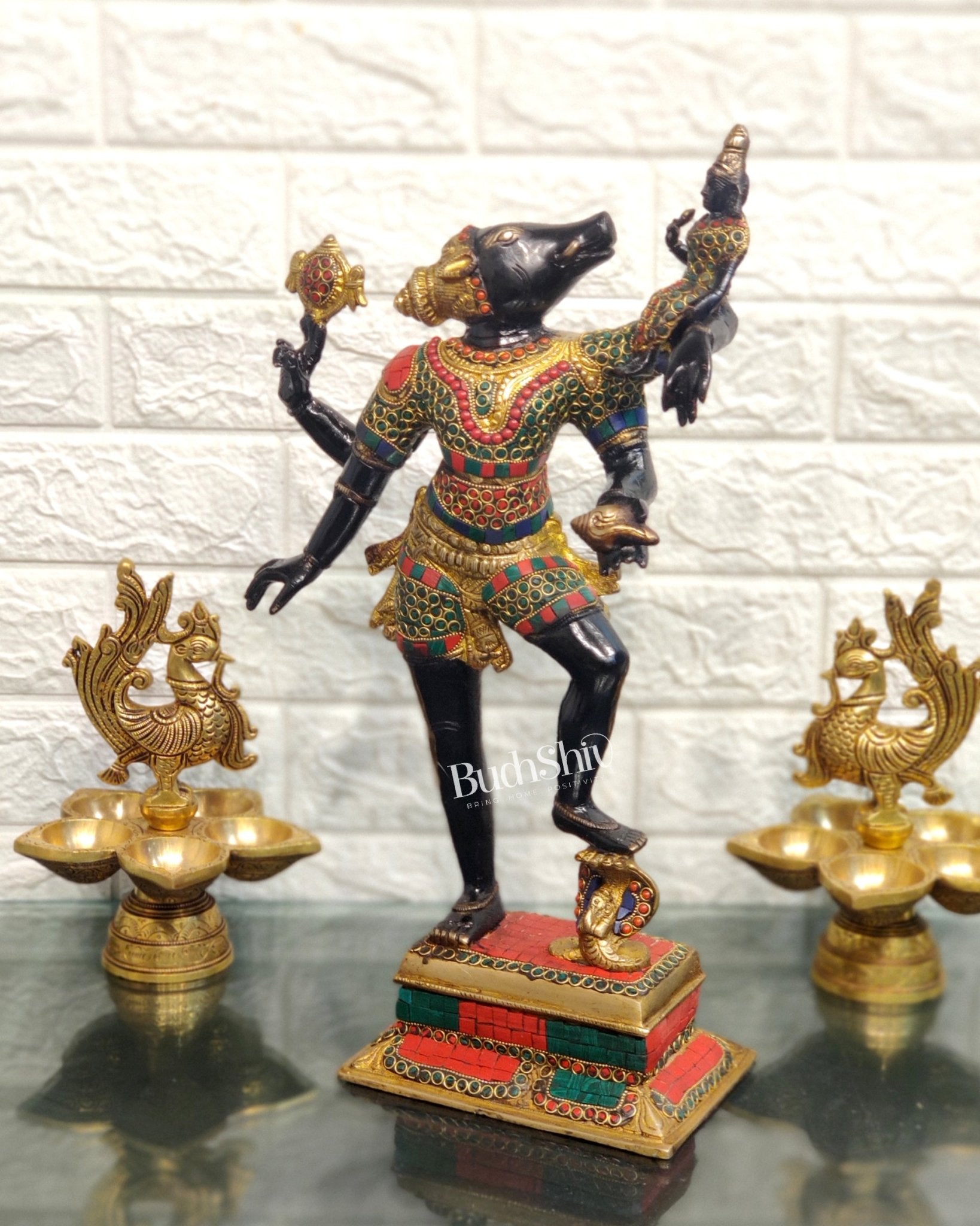 Varaha with Bhooma Devi Brass Statue 17 inch Black Gold with stonework - Budhshiv.com