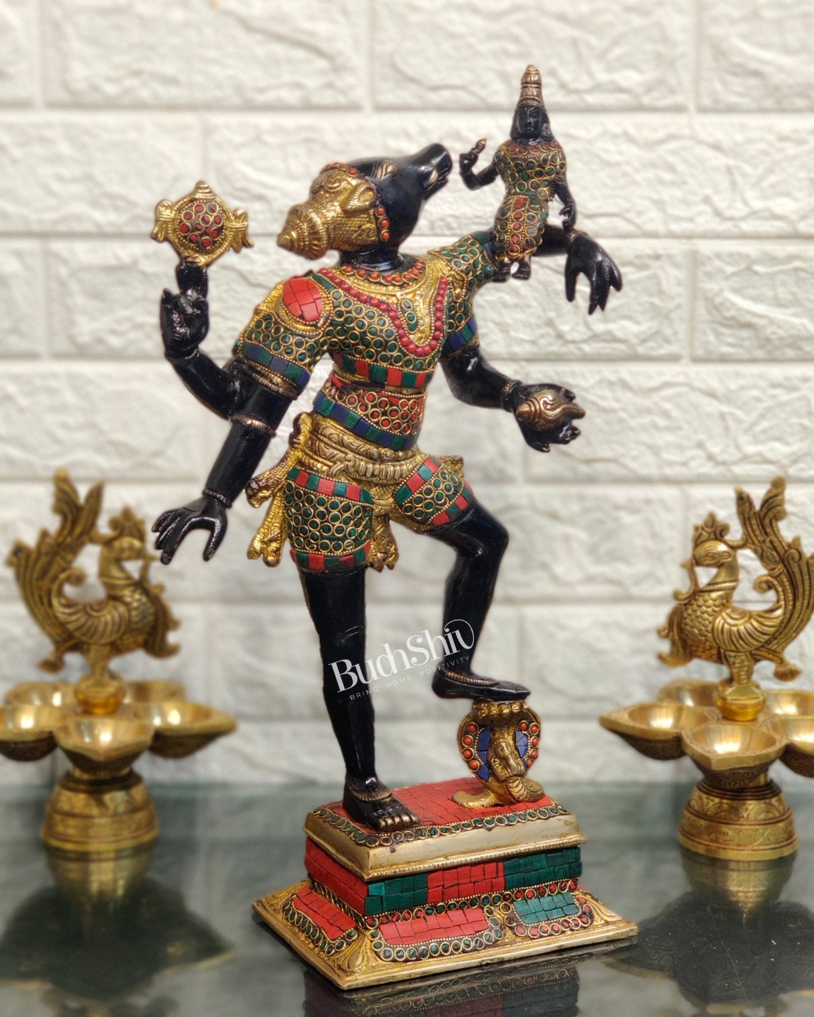 Varaha with Bhooma Devi Brass Statue 17 inch Black Gold with stonework - Budhshiv.com