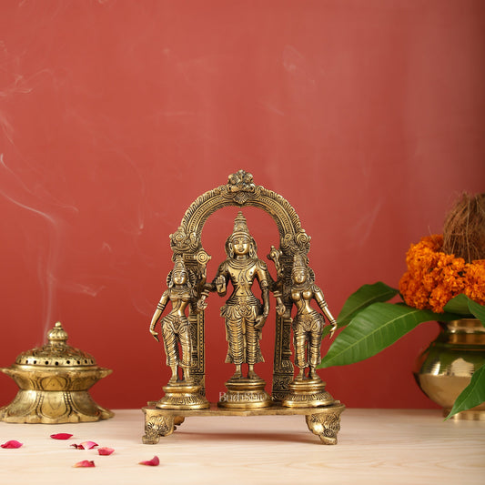 Vishnu with Bhudevi and Sridevi Brass statue with Prabhavali 10 inch - Budhshiv.com